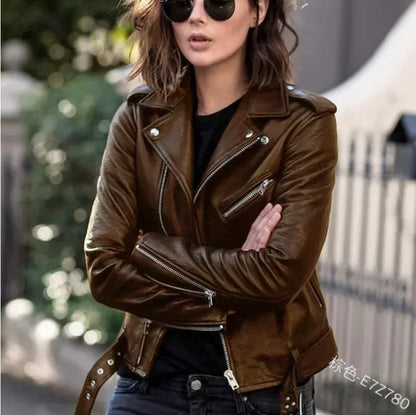 Damen Ledermantel Damen Kurz Slim-Fit Neue Biker Lederjacke Winter Herbst Lederjacken Mäntel.