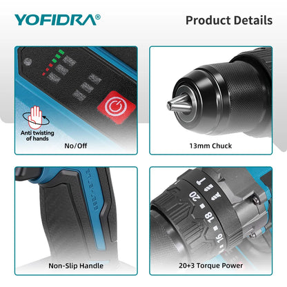 YOFIDRA 900N.M 13MM Bürstenlosen Elektrischen Schlagbohrmaschine 20 + 3 Drehmoment Handheld Bohren Schraubendreher Power Tool Für Makita Batterie pin