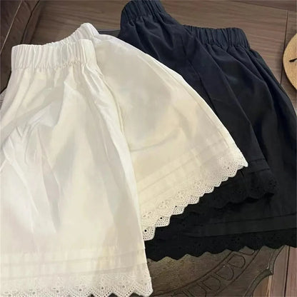 White Lace Trim Patchwork Casual Shorts for Women's High Waisted Wide Leg Vacation Beach Pants Loose Thin Bottoms Home Shorts.