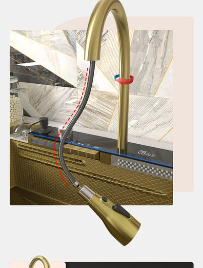 Golden Stainless Steel Kitchen Sink Waterfall Outlet Large Single Sink Digital Display Dishwashing and Vegetable Sinks