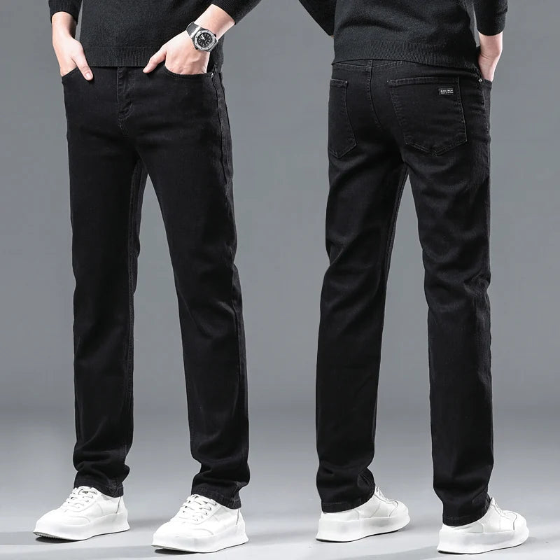 2024 Winter Brand Men Warm Fleece Jeans Fashion Thermal Business Pants Retro Classic Denim Trousers Casual Stretch Slim Jeans.
