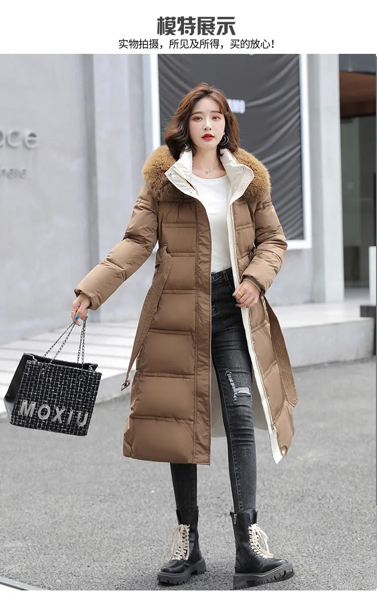 2024 neue Winter frauen Gepolsterte Jacken Mid-länge Modische Mit Kapuze Große Pelz Kragen Lose Dicke Unten Baumwolle Oberbekleidung damen.
