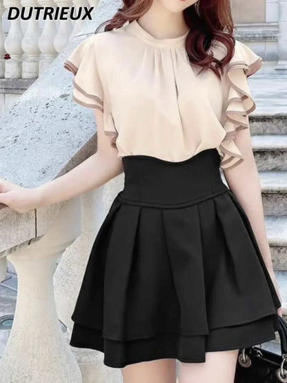 Japanese Lolita Black Skirts Women 2025 Spring Autumn New Radian Waistline Slim Short Pleated Skirt Female Mini Skirt Culottes