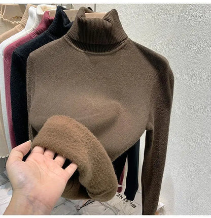 2025 neue Verdicken Hohe Kragen Pullover frauen Pullover Top Winter Warme und Weiche Einfarbig Inneren Tragen Bodenbildung Shirt