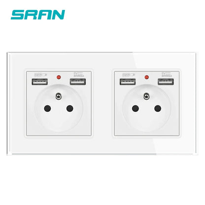SRAN Französische USB-Wandsteckdose 5 V 2,1 A, Kristall-Hartglasscheibe 16 A 220 V 82 x 82 mm Steckdose Frankreich-Standard mit Abdeckung