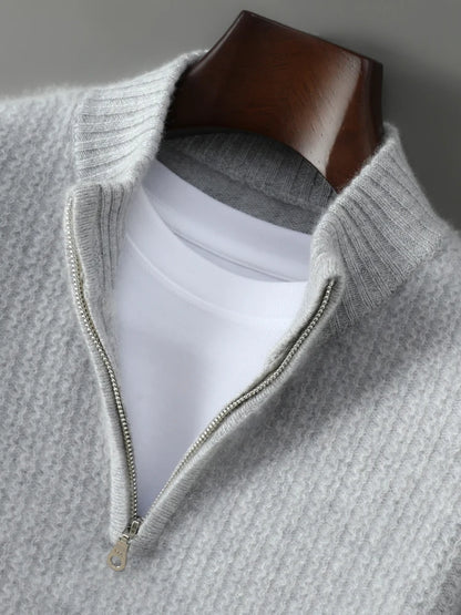 Men's 100% Merino Wool Thicken Sweater Half Zipper Mock Collar Pullover Autumn Winter Cashmere Knitwear Business Casual Clothing.