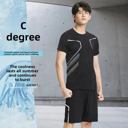 Men's Fitness Ice Silk Sports Suit Short Sleeve Training Room Basketball Morning Run Summer Outfit Shorts And T-shirt Set