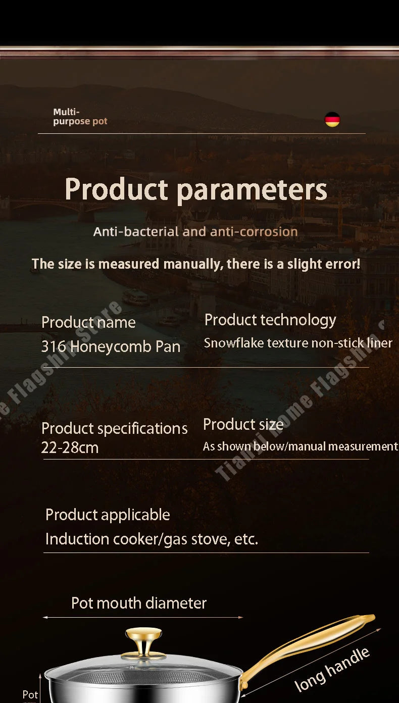 316 Stainless Steel Frying Pan Wok Non-stick Cooking Honeycomb Steak Gas Stove Pot Induction General Saucepan Kitchen Cookware