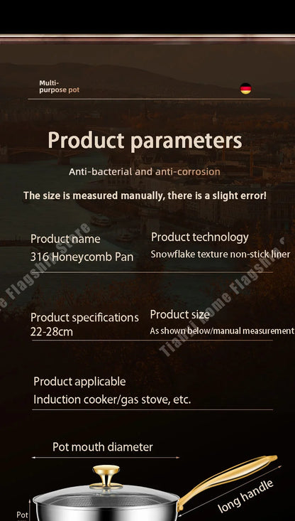 316 Stainless Steel Frying Pan Wok Non-stick Cooking Honeycomb Steak Gas Stove Pot Induction General Saucepan Kitchen Cookware