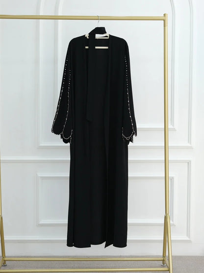 Middle East Women Arabic Dubai Abaya Made Beading Kimono Cardigan Long Dress Modest Ramadan Robe Femme Islam Clothing Kebaya.