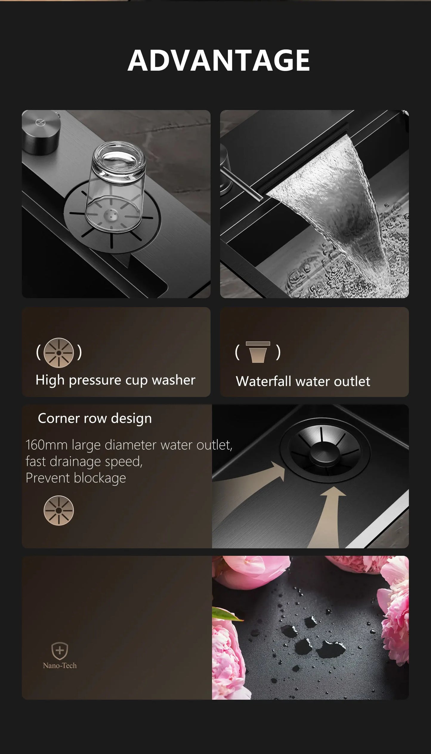 ASRAS large kitchen stainless steel nano sink with built-in waterfall faucet and large drainage outlet design