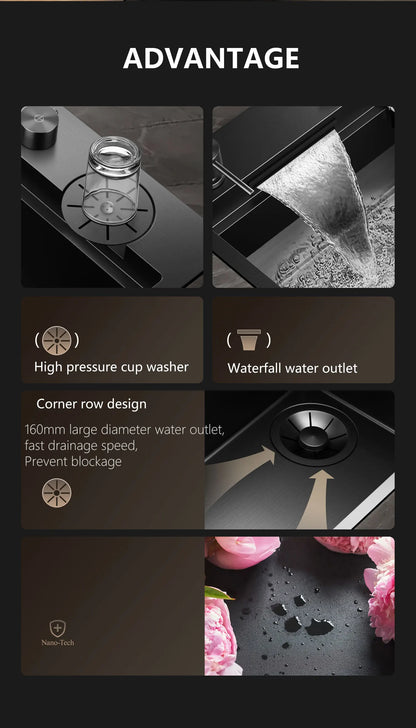 ASRAS large kitchen stainless steel nano sink with built-in waterfall faucet and large drainage outlet design