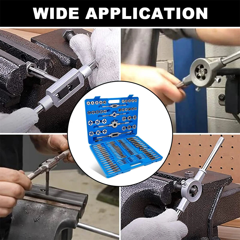 Rimoody 110-teiliges Gewindebohrer- und Sterbenlagerstahl-Titan-Werkzeugset, metrische und standardmäßige Gewindebohrer- und Matrizenhalter, Werkzeug- und Autoreparatur-Werkzeug-Set-Box