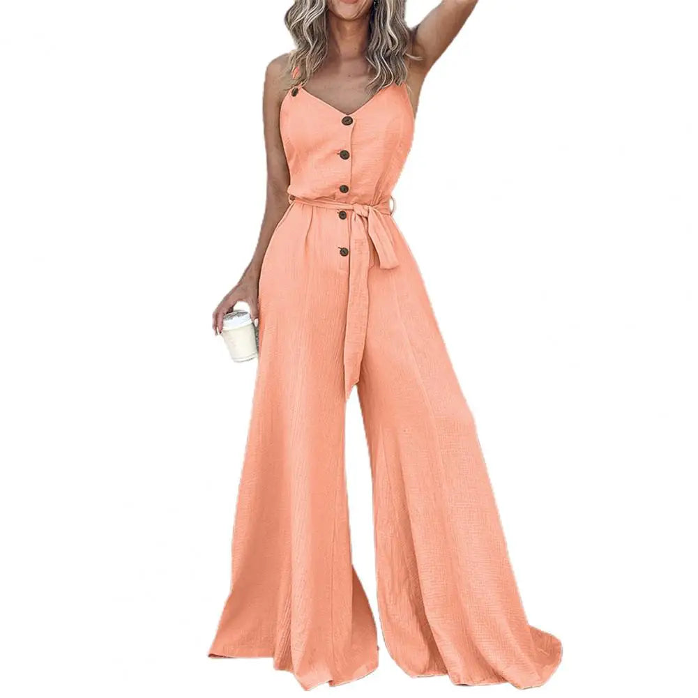 Summer Women Jumpsuit Solid Color Button Closure Lace-up Jumpsuit V Neck Wide Leg Deep Crotch Ankle Length Vest Jumpsuit.
