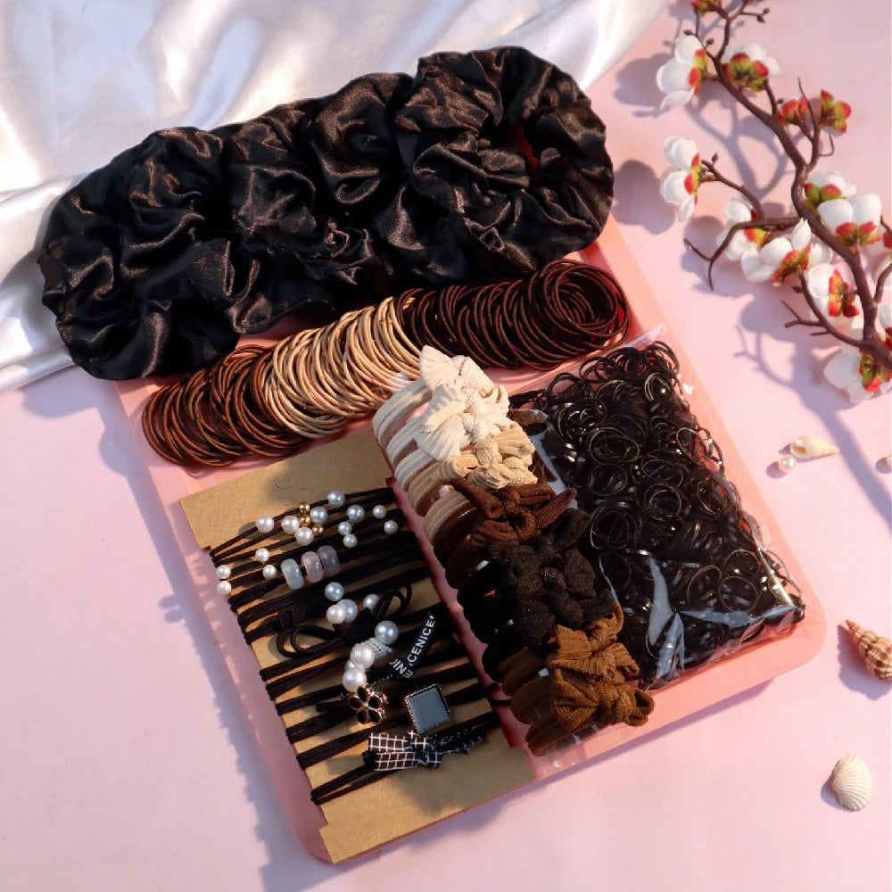 Fashionable Brown Hair Accessories Set for Women, Seamless Ponytail Holders Variety Hair Scrunchies For Women Lady.