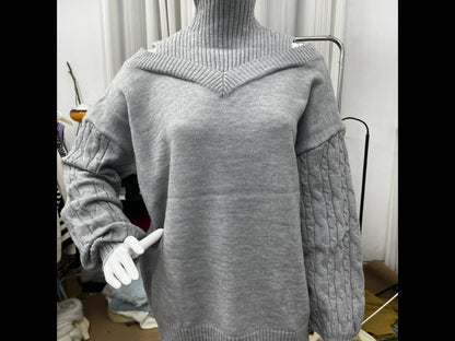 2025 Autumn Winter New Solid Knitting Off Shoulder Sweaters Elegant Office Lady Half High Collar Splice Loose Pullovers Sweater.