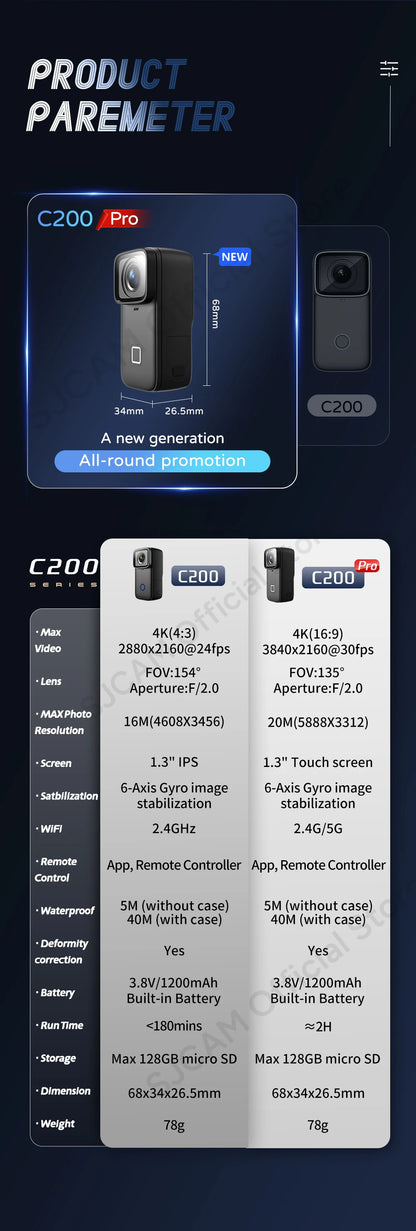 SJCAM C200 Pro 4K Action Camera with Portable Body 5M Waterproof FHD 6-Axis GYRO Video Body 5G WiFi Night Vision Sports DV