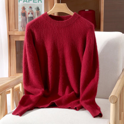 Women's Round-neck Mink Cashmere Sweater Soft Pullover Jumper Comfortable Knitted Top for Autumn Winter Pure Mink Material