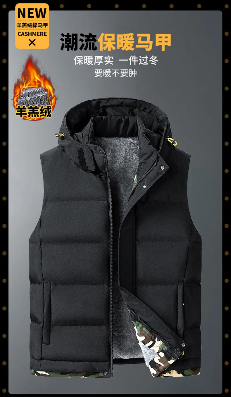 M-10XL Oversize Vests New Lambskin Vest Men's Autumn and Winter Warm and Detachable Hooded Youth Vests Windproof Waistcoats.
