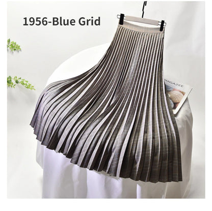 Looks Thin Pleated Skirt 2025 New High Waist A-line Skirt Mid-length Big Size Plaid Skirt Long Pleated Skirt Length 75-90cm