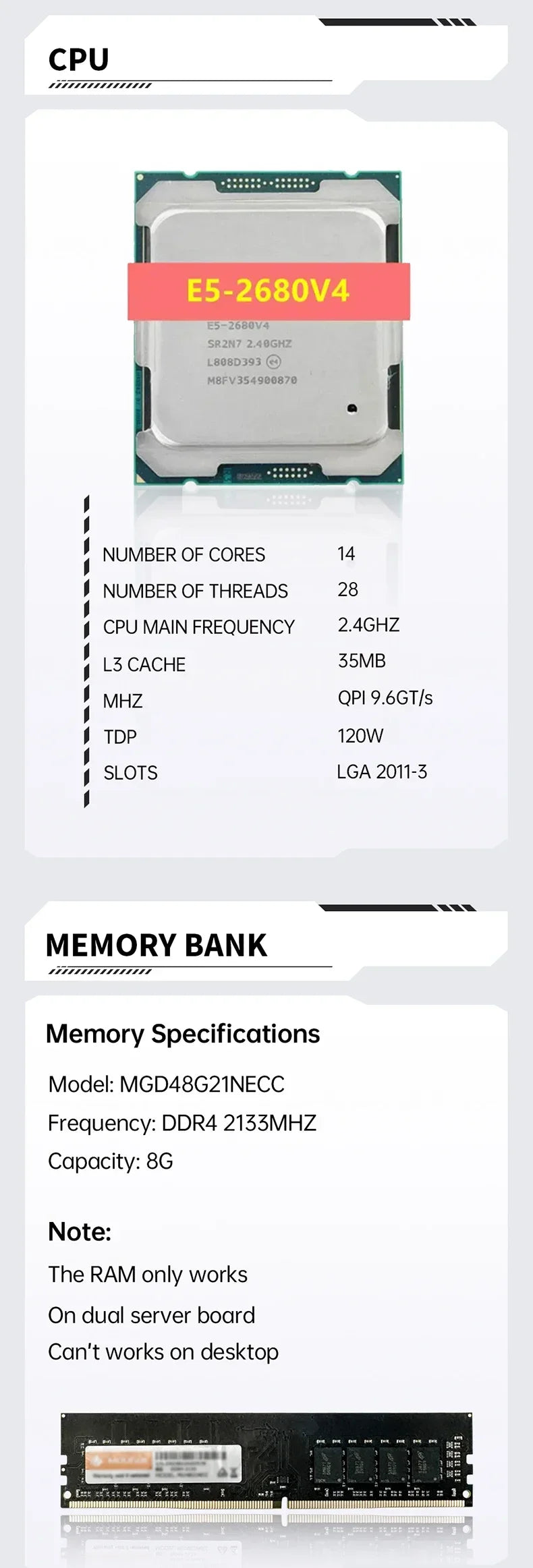 SOYO X99 Dual CPU Gaming Motherboard Kit lntel Xeon E5 2680 V4*2&DDR4 32GB (4*8GB) LGA2011-3 M.2 NVME for Desktop Computer Host.
