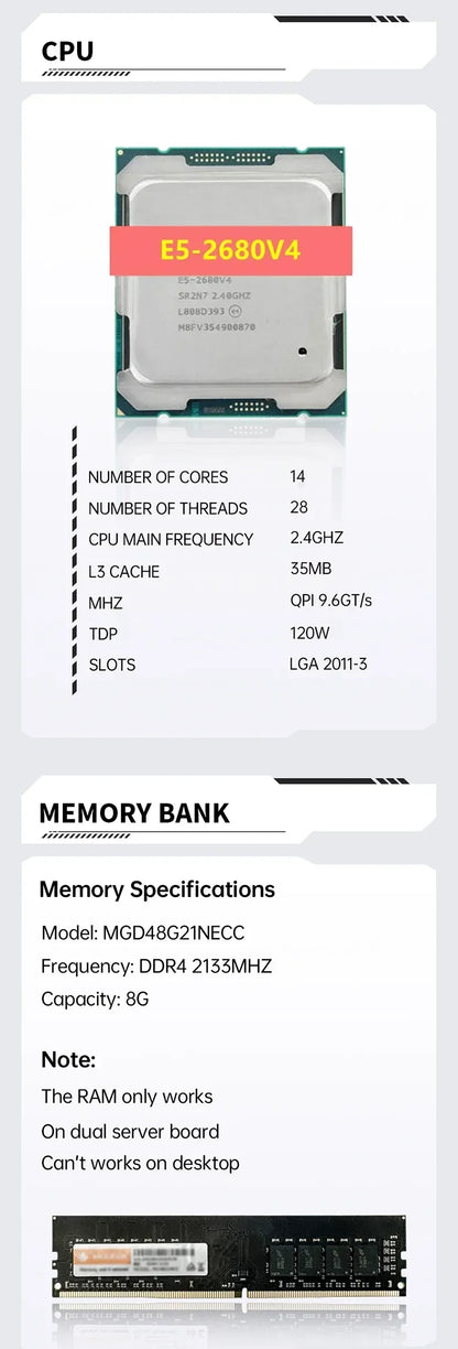 SOYO X99 Dual CPU Gaming Motherboard Kit lntel Xeon E5 2680 V4*2&DDR4 32GB (4*8GB) LGA2011-3 M.2 NVME for Desktop Computer Host.