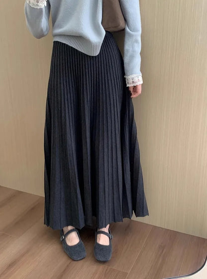 2026 Khaki Cashmere Knitted Midi Skirt for Women, Loose Fit, Draped, Slimming A-Line Pleated Skirt for Autumn and Winter