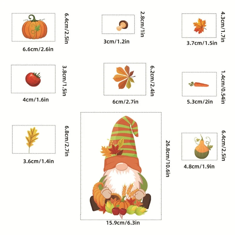 6 Sheets Autumn Thanksgiving Gnomes Window Clings Decal Fall Pumpkin Maple Leaf Electrostatic Stickers Wall Decor X3UC.