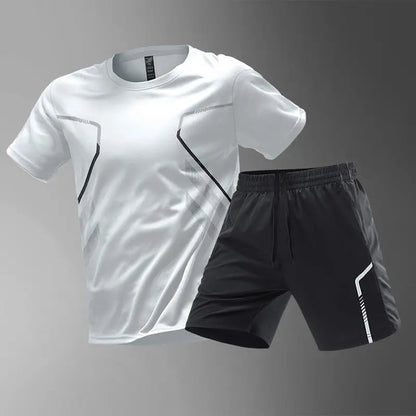 Summer Men Sets New Quick Dry Breathable Gym Clothing Training Short Sleeve Tops Shorts Suit Outdoor Daily Leisure Two-Piece Set.