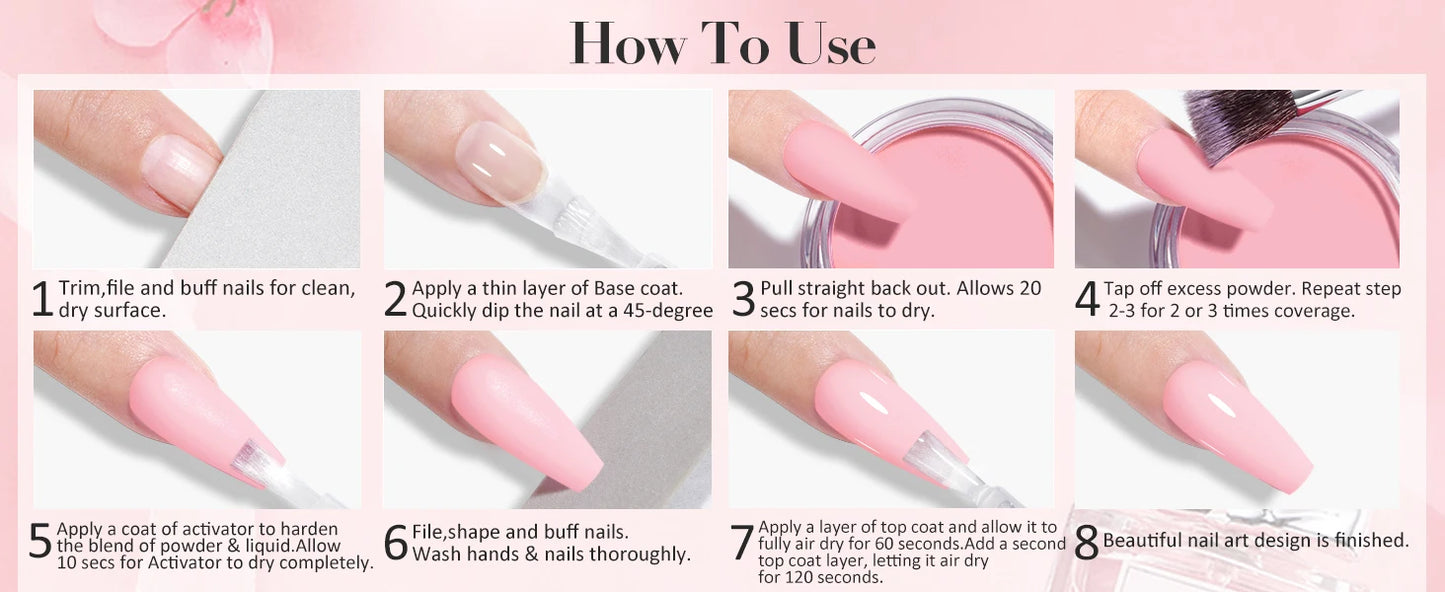 Dip Nails Powder Kit Acrylic Dipping Powder Set with Base Top Coat Activator for French Nail Art Manicure Salon DIY Gift No UV.