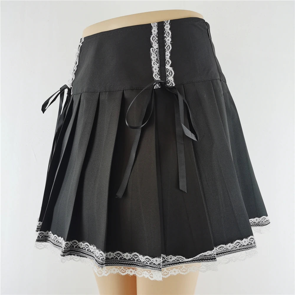 Harajuku Punk Gothic Black High Waist Black Skirts Women Sexy Patchwork Bandage Mini Female Streetwear Black Skirt.
