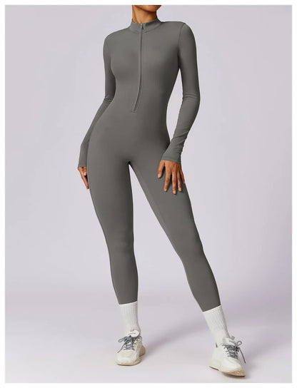 Zipper Sensation Long Sleeve Yoga Suit High Intensity Fitness Sports Bodysuit Tight Fit Clothing 8306 One Piece Suit.