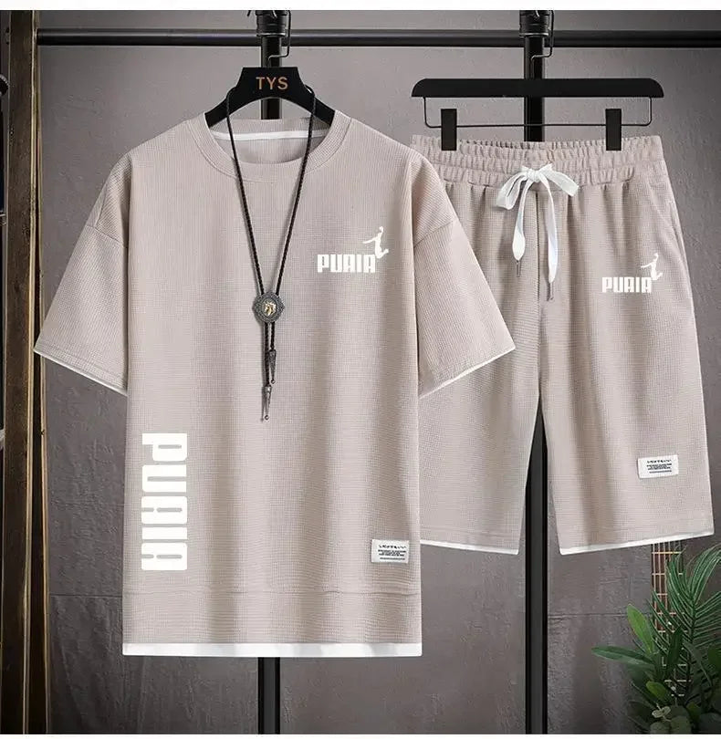 Summer 2025 Men's breathable fitness set, round-neck sports short-sleeved T-shirt + casual running shorts, 2-piece set, M-3XL