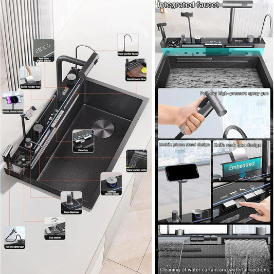 Großes Einzelschlitz-Wasserfallspülbecken aus Edelstahl 304, Digitalanzeige, geprägtes Waschbecken, Haushaltswaschbecken