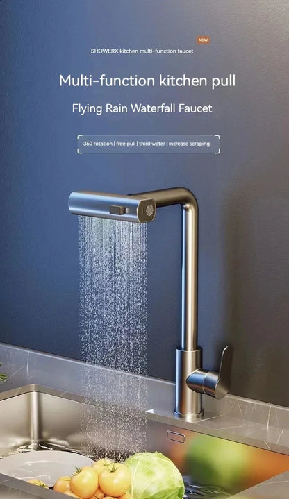 Black/Gray/Silver Pull-Out Kitchen Faucet Three Water Stream Sprayer Stainless Steel Hot and Cold Water Mixing Faucet Countertop