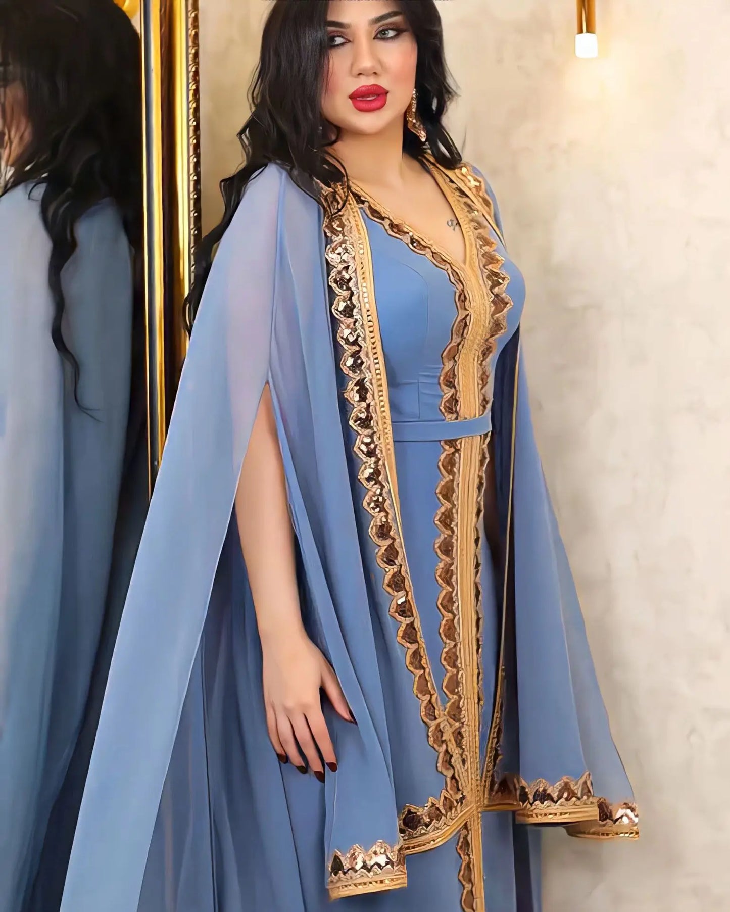 Elegant Muslim Abaya for Women Dress 2 Piece Set Chiffon Cloak Caftan Indian Party Dresses Sequins Kinono Robe Vestidos Abayas