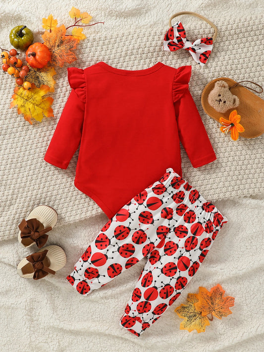 3-28M Baby Girl Fashion Clothes Infant Long Sleeve Cartoon Ladybird Bodysuit +Pant Set+Headband 3PCS.