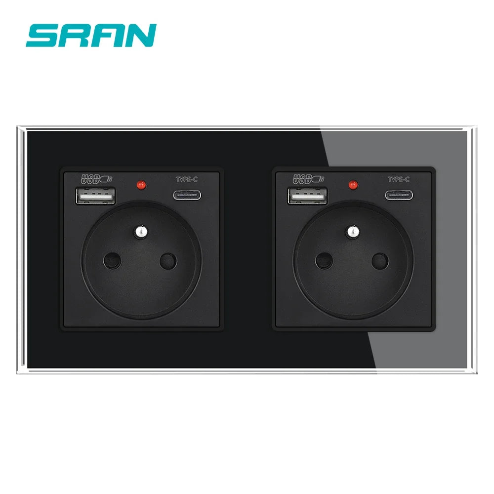 SRAN Französische USB-Wandsteckdose 5 V 2,1 A, Kristall-Hartglasscheibe 16 A 220 V 82 x 82 mm Steckdose Frankreich-Standard mit Abdeckung