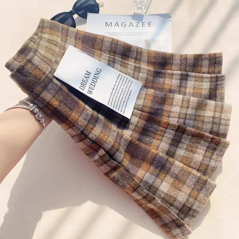 Plaid Woolen Pleated Skirts for Women Fall Winter High Waist Preppy Warm Mini Skirts Lady Fashion Korean All-Match A Line Skirts.
