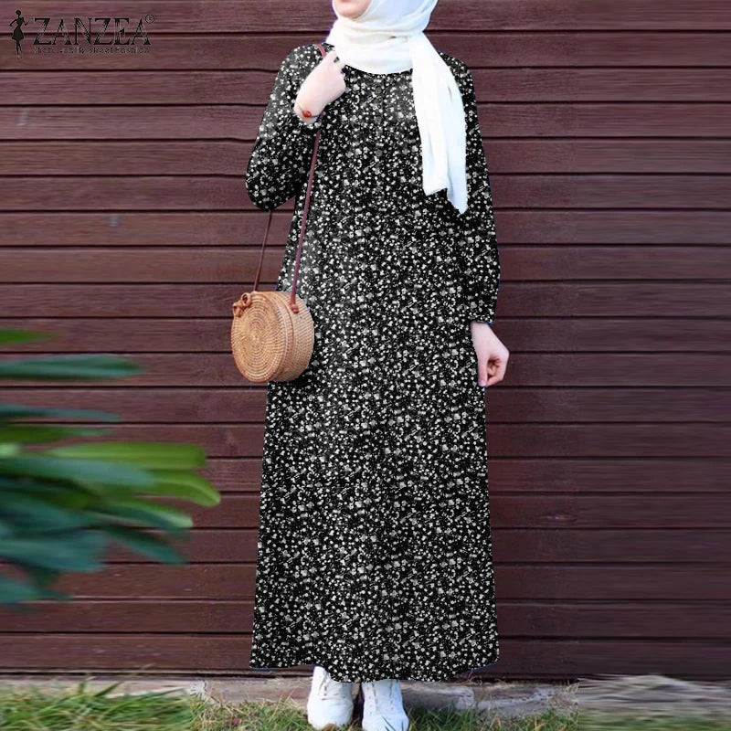 ZANZEA Islamic Women Floral Print Maxi Dress Long Sleeve Loose Casual Abaya Robes 2025 Spring Muslim Hijab O Neck Kaftan Dresses.