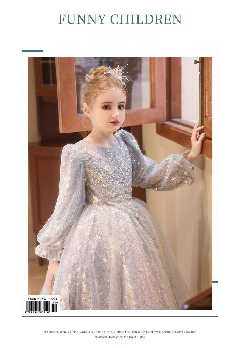 Mädchen Prinzessin Kleid Langarm Herbst Klavier Leistung Kleider Geburtstag Party Blumenmädchen Hochzeit Kinder Kleidung Abend.