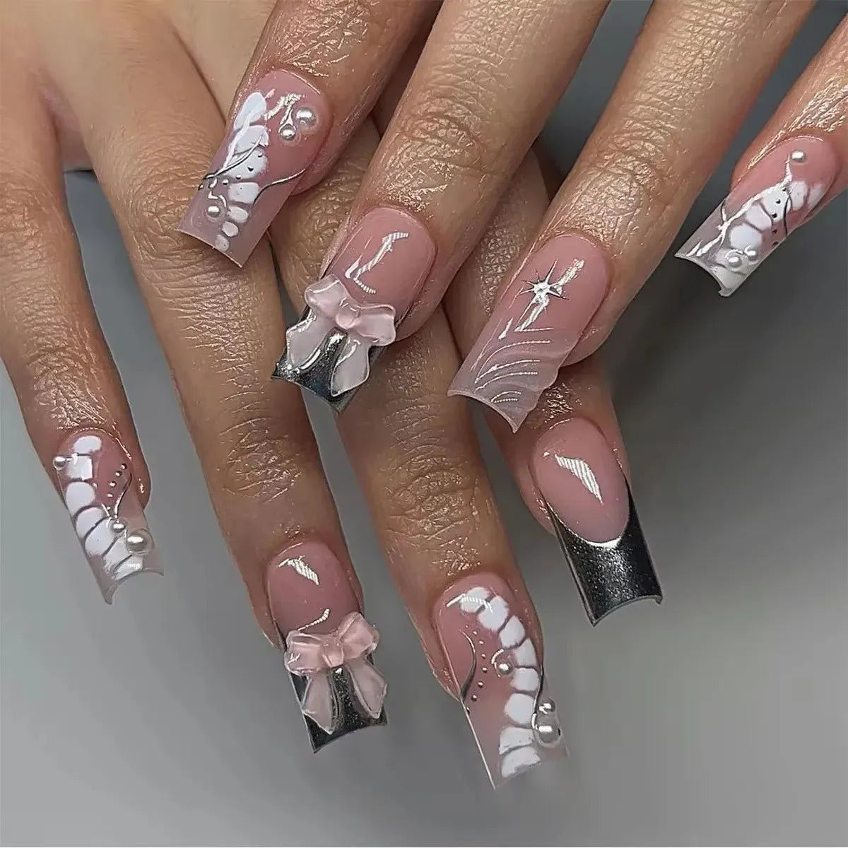 White Glitter Powder Bowknot Long Pointed Fake Nails Art Ballet False Nail Cow Print Pearl Rhinestone Pink Almond Press on Nails.