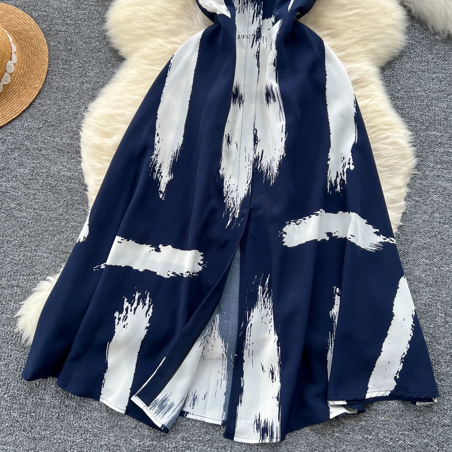 Neue Sommer Druck Süße Kleid Träger O Neck Backless Split Elegante Damen Urlaub Strand Party Midi Sommerkleid.