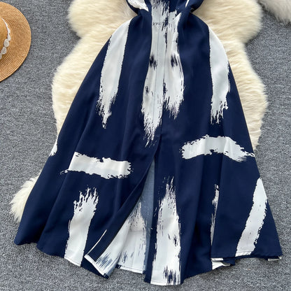 Neue Sommer Druck Süße Kleid Träger O Neck Backless Split Elegante Damen Urlaub Strand Party Midi Sommerkleid.