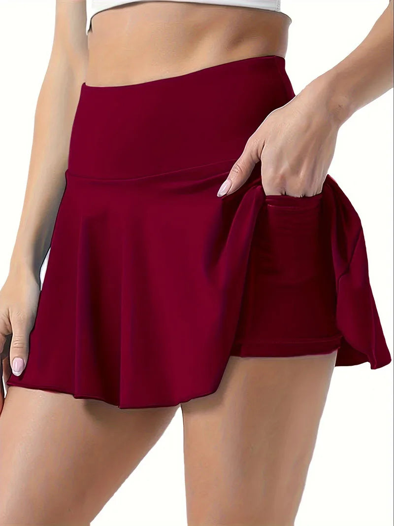 Women's Solid Color High Waisted Tennis Pleated Skirts Inner Pocket Quick Drying Sports Short Running Fitness Skirt.