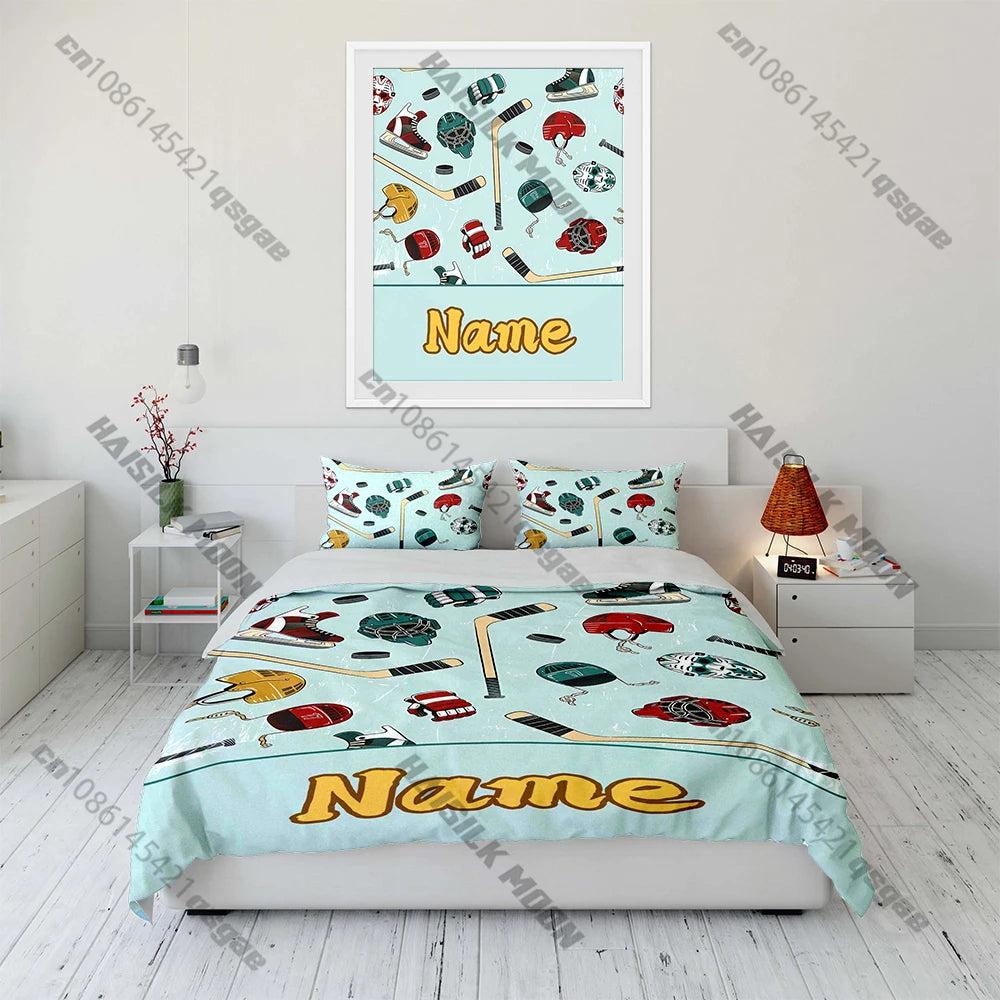 Stylish Ice Hockey Pattern Print Bedding Set Duvet Cover 1 Duvet Cover 2 Pillowcases Adult and Kids Bedding Set Luxury.