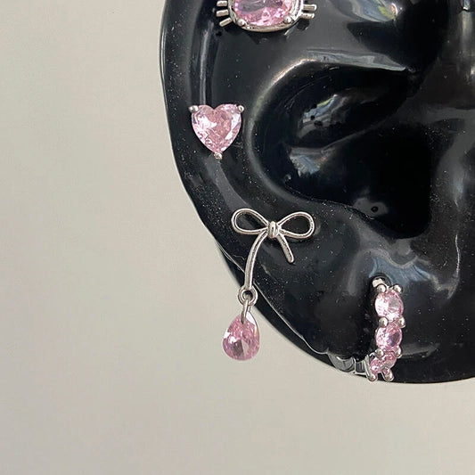 Cute Pink Zircon Cat Stainless Steel Ear Bone Nail Water Droplet Pendant Small Earrings for Women Cochlear Puncture Accessory.