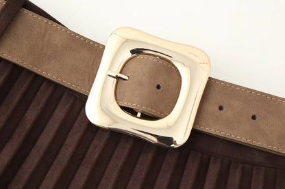 European and American style autumn new fashion trend casual simple women's matching belt suede effect pleated midi skirt.
