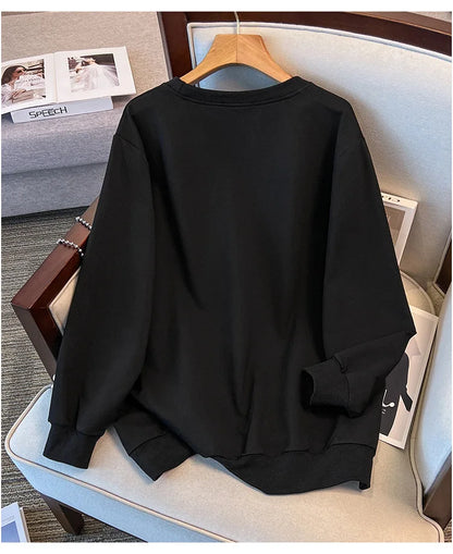 175kg plus size Damen büste Frühling Herbst loser Rundhals ausschnitt bedrucktes Langarm-Sweatshirt schwarz orange 5xl 6xl 7xl 8xl 9xl