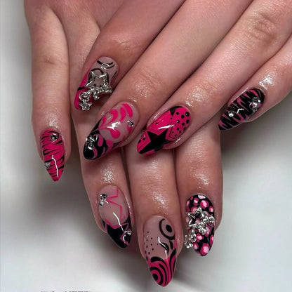 24Pcs False Nails Spicy Girl Silver Bow with Diamond Fake Nails with Glue Almond Press on Nails Black Cool Y2k Almond Nail Set.